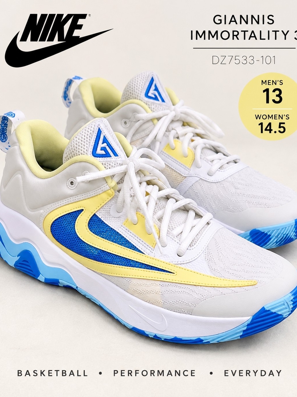 Nike Giannis Immortality 3 Basketball Shoes Blue Yellow Mens 13